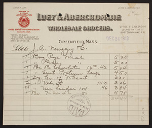 Billhead for Luey & Abercrombie, wholesale grocers, Greenfield, Mass., dated December 24, 1919