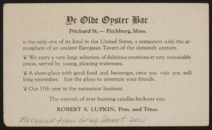 Trade card for Ye Olde Oyster Bar, Prichard Street, Fitchburg, Mass., undated