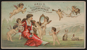 Trade card for Hall's Vegetable Sicilian Hair Renewer, R.P. Hall & Co., Nashua, New Hampshire, undated