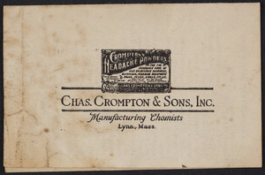 Leaflet for Chas. Crompton & Sons, Inc., manufacturing chemists, 106 Ontario Street, Lynn, Mass., undated