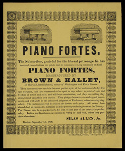 Handbill for Brown & Hallet Piano Fortes, Silas Allen, Jr., Boston, Mass.