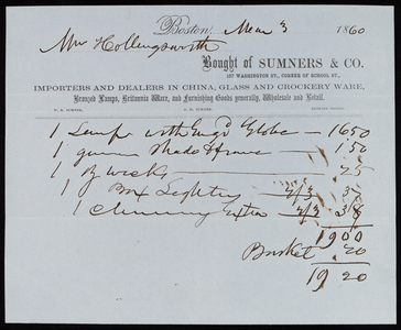 Billhead for Sumners & Co., importers and dealers in china, glass and crockery ware, 137 Washington Street, corner of School Street, Boston, Mass., dated March 3, 1860