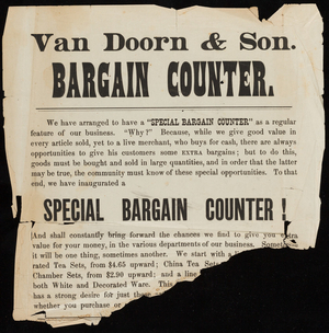 Advertisement for Van Doorn & Son, bargain counter, location unknown, ca. 1890
