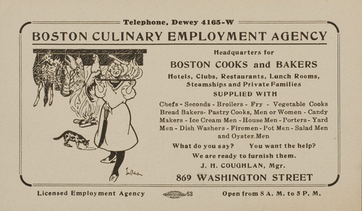 Trade card for the Boston Culinary Employment Agency, Boston, Mass., depicts a chef holding a food tray, undated