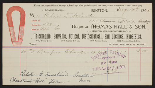 Billhead for Thomas Hall & Son, telegraphic apparatus, 19 Bromfield Street, Boston, Mass., dated August 14, 1895