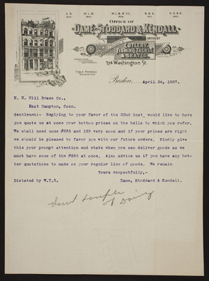 Letterhead for Dame, Stoddard & Kendall, cutlery, fishing tackle & skates, 374 Washington Street, Boston, Mass., dated April 24, 1897