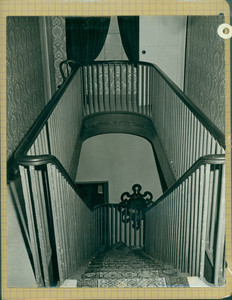 Tucker Family photograph album, staircase view from second floor of Castle Tucker, page fourteen, Wiscasset, Maine, undated
