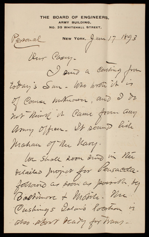 Henry L. Abbot to Thomas Lincoln Casey, June 17, 1893