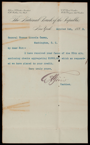 Charles H. Stout/National Bank of Republic to Thomas Lincoln Casey, October 1, 1895