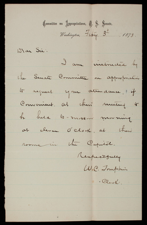 W. C. Tompkins to Thomas Lincoln Casey, February 3, 1873