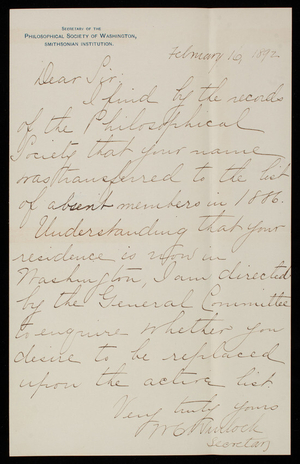 W. C. Winlock to Thomas Lincoln Casey, February 16, 1892