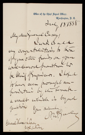 [Adolphus] W. Greely to Thomas Lincoln Casey, July 18, 1888