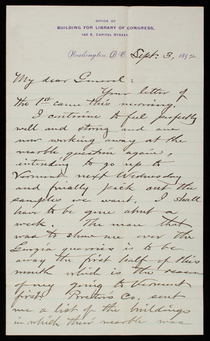 [Bernard R.] Green to Thomas Lincoln Casey, September 3, 1892
