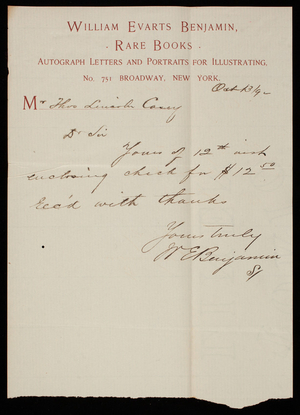 W. E. Benjamin to Thomas Lincoln Casey, October 13, 1892