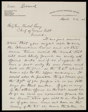 [William] R. King to Thomas Lincoln Casey, April 22, 1893