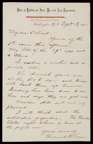 Bernard R. Green to Thomas Lincoln Casey, September 3, 1883