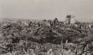 View of a landscape covered with wooden debris and ruins of stone buildings