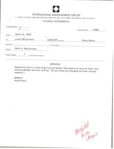 Fax from Mark H. McCormack to Leslie McCormack