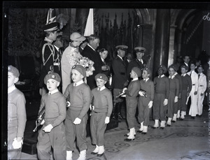 James Michael Curley at Washington's Birthday reception, State House, greeting children associated with the Army and Navy Union