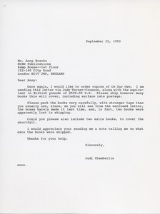 Letter from Judi Chamberlin to Anny Brackx