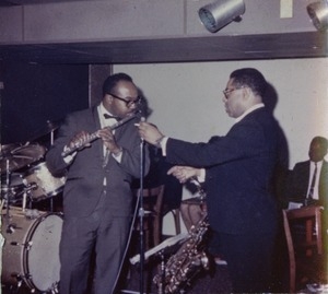 Dizzy Gillespie (right), with James Moody (flute) performing at the Jazz Workshop