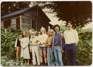 Group including Amy Wainer (2d from left), Sue Kramer and Janice Frey (5th and 6th from left), and Tony Mathews (far right), Montague Farm Commune
