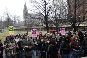 Justice for Jason rally at UMass Amherst: protesters outside the Student Union Building in support of Jason Vassell