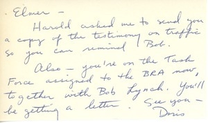 Note from Doris Sarkisian to Elmer C. Bartels