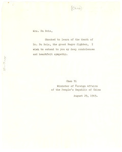 Letter from Chen Yi to Shirley Graham Du Bois