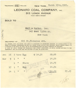 Leonard Coal Company receipt