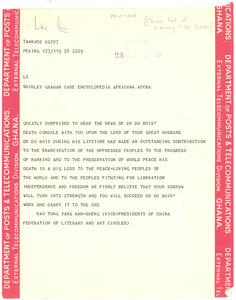 Telegram from Zhongguo wen xue yi shu jie lian he hui to Shirley Graham Du Bois