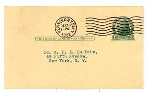Postcard from J. E. Spingarn to W. E. B. Du Bois