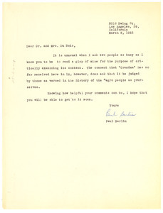 Letter from Paul Berlin to W. E. B. and Shirley Graham Du Bois