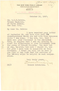 Letter from New York Public Library, 135th St. branch to W. E. B. Du Bois
