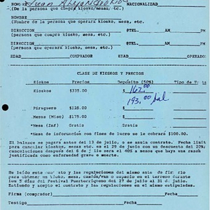 Form to reserve kiosks and tables for the Festival Puertorriqueño de Massachusetts, signed by Juan Alejandro Riós