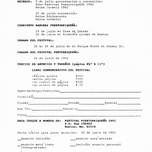 Form to sponsor events at Festival Puertorriqueño 1992