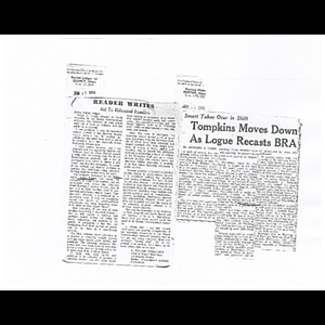 Photocopy of Patriot-Ledger letter to the editor, Aid to relocated families; and photocopy of Evening Globe article, Smart takes over in shift