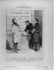 - Apportez, messieurs, apportez ..... notre chemin de fer n'est pas seulement une grande idée nationale, c'est encore une oeuvre éminemment philantropique....... d'abord les fondateurs n'ont pas été assez égoistes pour vouloir garder à eux seuls toutes les actions.... de plus ils les ont mis à 500 francs pour que tous les Français puissent placer leurs petites économies dans cette excellente affaire.... et enfin pour éviter toute espèce d'agiotage au lieu de faire payer seulement un dixième en souscrivant, nous ferons verser immédiatement dans notre caisse le prix intégral de l'action!.......