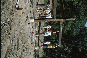 Northern barn portion under construction at the Moon Barn Raising at entrance to Hopkins Forest on 2 August 1975.