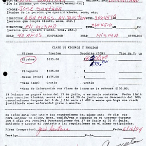 Form to reserve kiosks and tables for the Festival Puertorriqueño de Massachusetts, filled out by José Santana