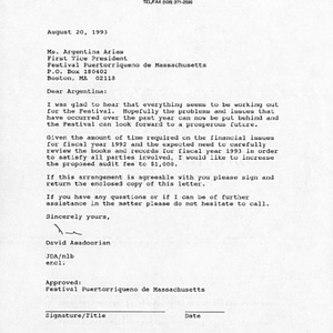 Letter from David Asadoorian of Asadoorian & Company to Argentina Arias, regarding his audit fee for Festival Puertorriqueño finances