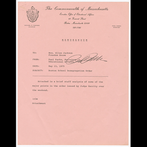 Memorandum from Paul Parks to Ellen Jackson outlining the court plan to desegregate Boston schools and change administrative organization