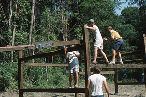 Eastern girt moved into position at the Moon Barn Raising at entrance to Hopkins Forest on 2 August 1975.