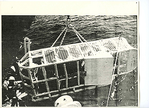 Correspondence: B&W photograph of ARGO being loaded on vessel. Enclosed in correspondence to Pat Gadban (Science Editor, CBS Educational and Prof. Publ.).