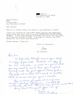 Correspondence from Lou Sullivan to Gloria Peters (October 6, 1986)