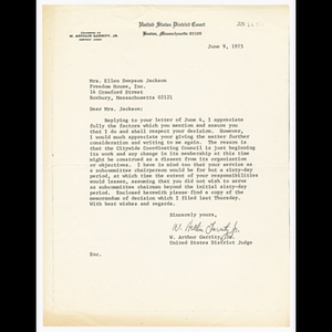 Letter From W. Arthur Garrity, Jr. to Mrs. Ellen Swepson Jackson about serving in the Citywide Coordinating Council
