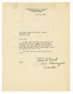 Letter from James M. Yard to Sacco-Vanzetti National League, April 6, 1929