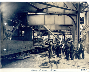 Wreck at Dudley Street, view below tracks of wreckage cleanup