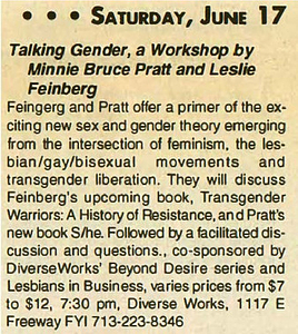 Talking Gender, a Workshop by Minnie Bruce Pratt and Leslie Feinberg