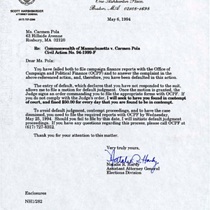 Letter from Natalie R. Hardy, Assistant Attorney General of Massachusetts, Elections Division, to Carmen Pola, declaring her intention to file for a default judgement against Pola